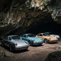 a collection of classic porsche parked in a secret cave, moody photo,