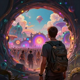 A man wearing a backpack, looking through a portal, a vibrant world through the portal, bass music, rave, music festival, Detailed digital matte painting in the style of simon stalenhag, artstation, psychedelic