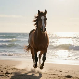 a horse running in front of a sea, wievein its mane, on the beach, the sun is blowing up, smoke everywhere