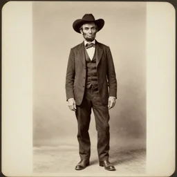 Abraham Lincoln wearing a cowboy hat, portrait, full body, symmetrical features, silver iodide, 1880 photograph, sepia tone, aged paper, Sergio Leone, Master Prime lenses, cinematic