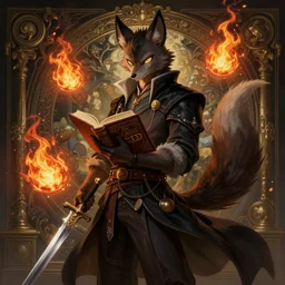 male kitsune furry with dark fur, carries a tome, d & d, surrounded by floating fire orbs, shortsword, charismatic, young, dark clothing, elegant, digital illustration, detailed, intricate, sharp focus, digital painting, deep focus, digital painting, artstation, concept art, matte, art by artgerm and greg rutkowski and alphonse mucha