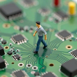 a miniature figurine walking on a circuitboard