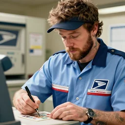a closeup photorealistic photograph of post malone selling stamps dressed in american postal uniform. postal clerk. bright scene. fine detail. this 4 k hd image is trending on artstation, featured on behance, well - rendered, extra crisp, features intricate detail, epic composition and the style of unreal engine.