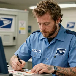 a closeup photorealistic photograph of post malone selling stamps dressed in american postal uniform. postal clerk. bright scene. fine detail. this 4 k hd image is trending on artstation, featured on behance, well - rendered, extra crisp, features intricate detail, epic composition and the style of unreal engine.
