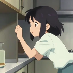 anime film visual illustration of a young woman looking in a kitchen cabinet from a distance, cute face by ilya kuvshinov, makoto shinkai, kyoani, dynamic pose, crisp and sharp, yoshinari yoh, rounded eyes, anime poster, ambient light, focused, flat, cel shaded