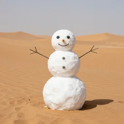 a surrealist statue of a snowman in the sahara sands