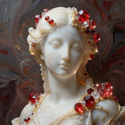 abstract highly detailed female sculpture portrait made of white marble and red crystals quartz and minerals, ethereal lights, fine details, artstation, film still, rim light, cinematic photoshooting, luxury, 8 k, intricate golden filigree, octane render, hypperrealistic painting, abstract liquid acrylic art, painting by alex heywood and randy bishop