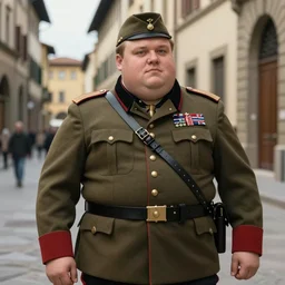 a portrait of a fat character dressed like a military in a street of firenze by jules bastien - lepage