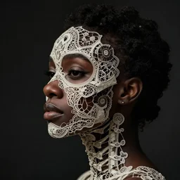 a black woman's face in profile, made of intricate lace skeleton, in the style of the dutch masters and gregory crewdson, dark and moody