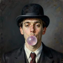 portrait of man in bowler hat blowing a chewing gum bubble, painted by rene magritte