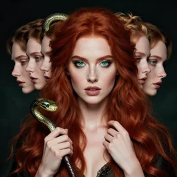 epic masterpiece portrait of a dark redhead sorceress with a snake wand, followed by heads with many faces, beautiful face and flawless skin, perfect hands, emeralds by Edgar Maxence and Ross Tran and Michael Whelan