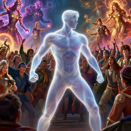 translucent realistic slim muscular male light armor suit tight clothes superhero fighting a large crowd!!!, fantasy digital art, vivid color style artstation, style greg rutkowski and frank frazetta and mucha and richard corben, octane render, unreal engine 6, epic game graphics, fantasy, conceptual art, ray tracing, magic the gathering art