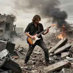 man playing electric guitar in the middle of a war