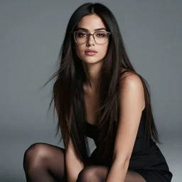 portrait of a beautiful + long hair + cool glasses + tights + ana de armas, beautiful and smooth soft light, grey background, cinematic lighting, photography, unreal engine 5, realistic photo, 3 5 mm lens, 4 k, highly detailed, instagram,