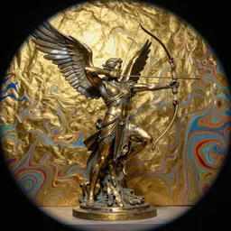 An epic fantastic realism comic book style painting of a distressed bronze archery sculpture from the future by Stanislaw Szukalski, gilded colorful marbled paper background, winged archer, fisheye lens, unreal 5, DAZ, hyperrealistic, octane render, dynamic lighting