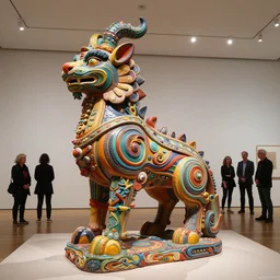 stunning colorful intriguing polished painted massive clay sculpture of a mythic animal by beth cavener in minimal space museum. ellen jewett, beth cavener, sayaka ganz, edouard martinet, john o'reilly and judith klausner