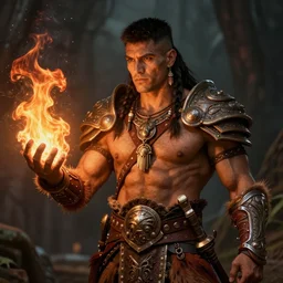 HDR, realistic, high depth of field portrait of muscular male human latino short-haired sun cleric druid shaman with firefox pet, flame conjuring armored, highly detailed, intricate image by Andrei Riabovitchev, Shaun Tan and Peter Mohrbacher, matte painting