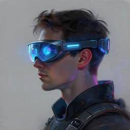 sillouete side view future coder man, stylized cyclops display over eyes and sleek glowing headset, neon accents, holographic colors, desaturated headshot portrait digital painting by leyendecker, donato giancola, philip coles, ivan bilibin, john berkey, astronaut cyberpunk electric lights profile