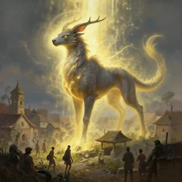 a mythical chimera purging the village people with divine light, digital painting, mixed media, trending on artstation and deviantart, epic composition, magnum opus, highly detailed, 8 k