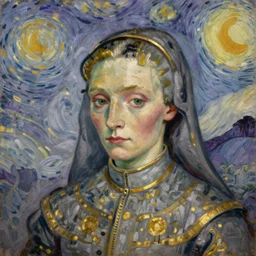 detailed expressionist!! oil painting masterpiece portrait of joan d'arc!! by van gogh, 8 k resolution, smooth, sharp focus, matte painting, beautiful masterpiece expressionist painting, greys and golds and purples