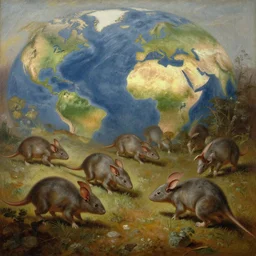 the first mammals start to appear after the long impact winters, mammals such as the morganucodontids explore the new lands of the paleogene era of earth, in the style of hudson river school of art, oil on canvas
