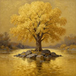 A highly detailed matte oil painting by Afremov and Greg Rutkowski of a very tall tree with lots of golden leaves growing on a pile of rocks in the middle of a river of pure gold.