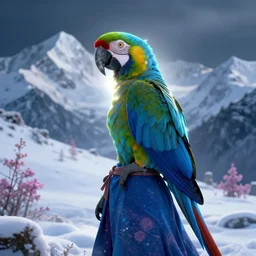 macaw alchemist girl in the flowering snowy mountains. complementary colors, indie concept art, luminescent, 4 k, chiaroscuro, backlighting.