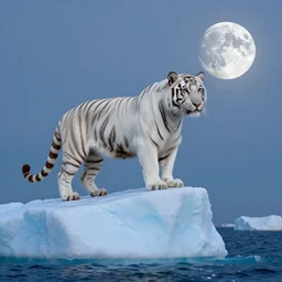 a white tiger with shining fur standing on the top of a iceberg on the ocean, a silver moon on the right of the sky, in the style of rafael
