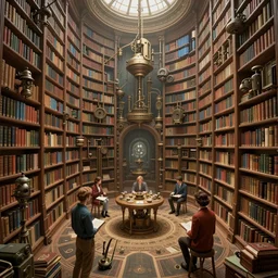 an infinite library in the realm of pure logic where all the books have already been written, in the style of a magnificent mystical digital art steampunk illustration, zdzislaw, ayami kojima, yamamoto, barclay shaw, karol bak, hyperrealist, 8 k, intricate detail, trending on artstation, 4 k, rendered in unreal engine