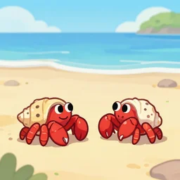 two red cute hermit crabs on beach, cartoon by cottagecore