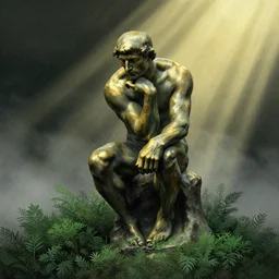 editorial illustration by karolis strautniekas and mads berg, illustrated rodin's the thinker surrounded by lush small bushes, fog, fine texture, green + gold + black, detailed, muted colors, dramatic lighting, dynamic composition, vivid, matte print, wide angle, ( ( sunbeams ) ), moody