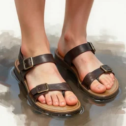 sandals feet in puddle close - up, highly detailed, digital painting, artstation, concept art, sharp focus, illustration, art by artgerm and greg rutkowski and raphael lacoste and magali villeneuve