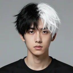 portrait of a young man with half of his hair black and the other half of his hair white, artistic,