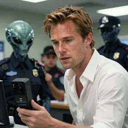 low shot of brett kavanaugh as alien in a police body cam being detained by cyborg alien police woman in a police office. brett is in a white shirt. brett is not being cooperative. close up.