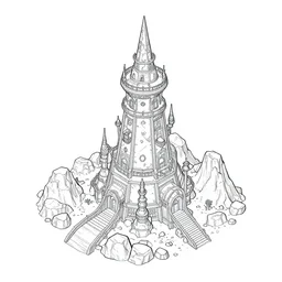 isometric view of a solar punk wizard tower that's surrounded by rocks and mountains, lineart.