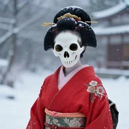a geisha with a cat skull wearing a red kimono for a head standing in the snow cinematic octane render 8 k trending on artstation