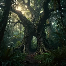 horrific portal to hades embedded in a creepy tree in a densely overgrown, sombre, magical jungle, fantasy, dreamlike sunraise, ultra realistic, atmospheric, stopped in time, epic