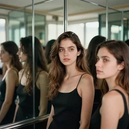 a stunning portrait of an beautiful woman in a hall of mirrors, epic character composition, by katsura masakazu, alessio albi, ilya kuvshinov, nina masic, soft focus, vertical portrait, natural lighting, f 2, 5 0 mm, classic chrome, film grain, cinematic lighting
