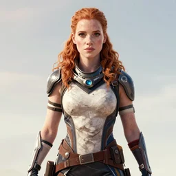 Jessica Chastain as Aloy from Horizon: Zero Dawn, confident, epic, cinematic view, highly detailed, centered, digital painting, artstation, concept art, smooth, sharp focus, illustration, art by artgerm and H R Giger and alphonse mucha