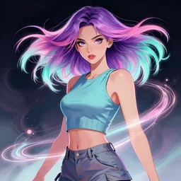 a award winning half body portrait of a beautiful woman with stunning eyes in a croptop and cargo pants with ombre purple pink teal hairstyle with head in motion and hair flying by thomas danthony, surrounded by whirling illuminated lines, outrun, vaporware, shaded flat illustration, digital art, trending on artstation, highly detailed, fine detail, intricate