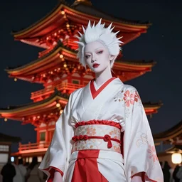 beautiful albino maiko in a pagoda , detailed, photograph, award wining, red and white, trending on artstation, punk attitude, 4k, unreal engine 5, octane render, neon highlights