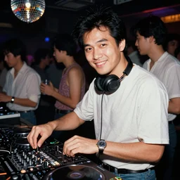 high detailed photo of prayut janocha works as dj in 8 0 s disco club. they look at the camera and smile. in crowded pub. hyper detail. flash from the camera. kodak etkar 1 0 0