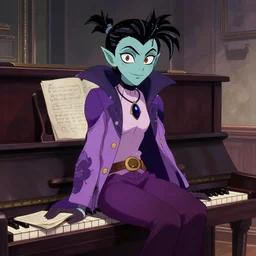 mazikeen from sandman sitting on a piano