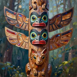 totem pole of animal spirits, oil painting of wood carving, super detailed, colorized, 8k, trending on Artstation, D&D, fantasy, raytracing, depth of field, bokeh, iridescent accents, vibrant, award winning, by Anato Finnstark and Marc Simonetti, spectacular lighting, octane rendered
