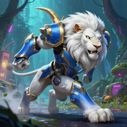 portrait of a white anthropomorphic lion, cyber dragon armor, armor blue and gold, launching an attack!!, running to the camera!!, style like ajani goldmane, like a heroes of the storm, movie style, anime, by artgerm and greg rutkowski and magali villeneuve and league of legends concept artists, cyberpunk, neon rain forest, concept art