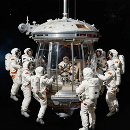 teleportation machine on a spaceship, with astronauts testing it out in space by leonardo da vinci