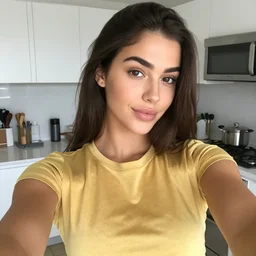 a selfie of a brunette female, young, athletic, australian, wearing a gold tshirt in a kitchen