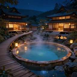 cozy hidden empty tiered onsen with wood boardwalk next to grand japanese pogotas night by greg rutkowski craig mullins ross tran mucha levitating lanterns lumen reflections matte painting fantasy specular lighting trending on artstation