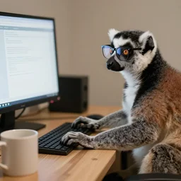 a lemur with black glasses working on a pc, a mug on the desktop