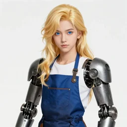 a highly detailed illustration of long wavy bright blonde haired effeminate boy wearing blue blacksmith apron and iron mechanical arms, blue eyes, dramatic smiling pose, intricate, elegant, highly detailed, centered, digital painting, artstation, concept art, smooth, sharp focus, league of legends concept art, wlop